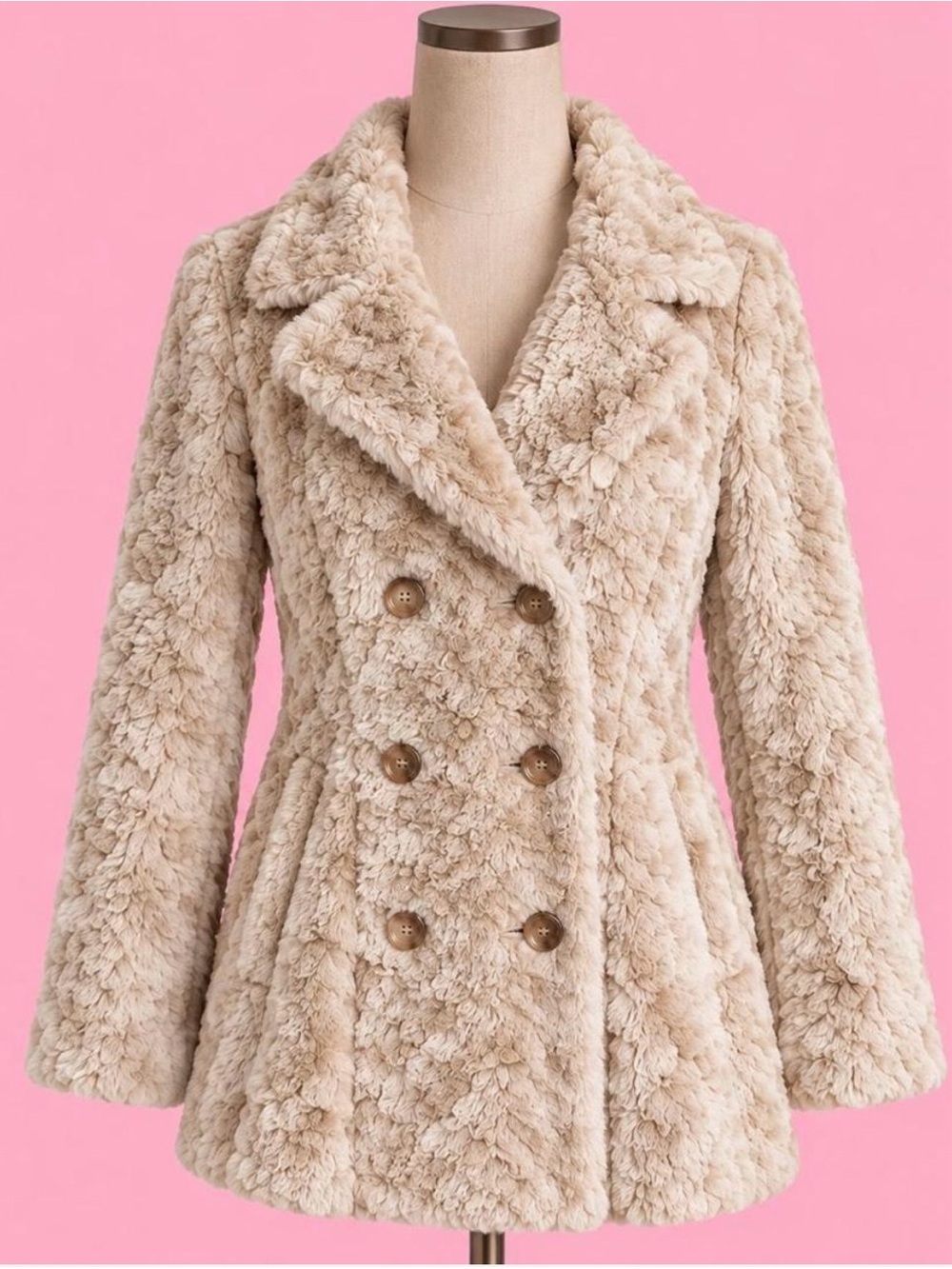 Free People Cream Faux Fur Double Breasted Penny Lane Style Coat Size 4